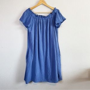 Pinkblush Slub Cotton Blue Mini Dress Drop Ruffle Shoulder with Pockets Sz Large
